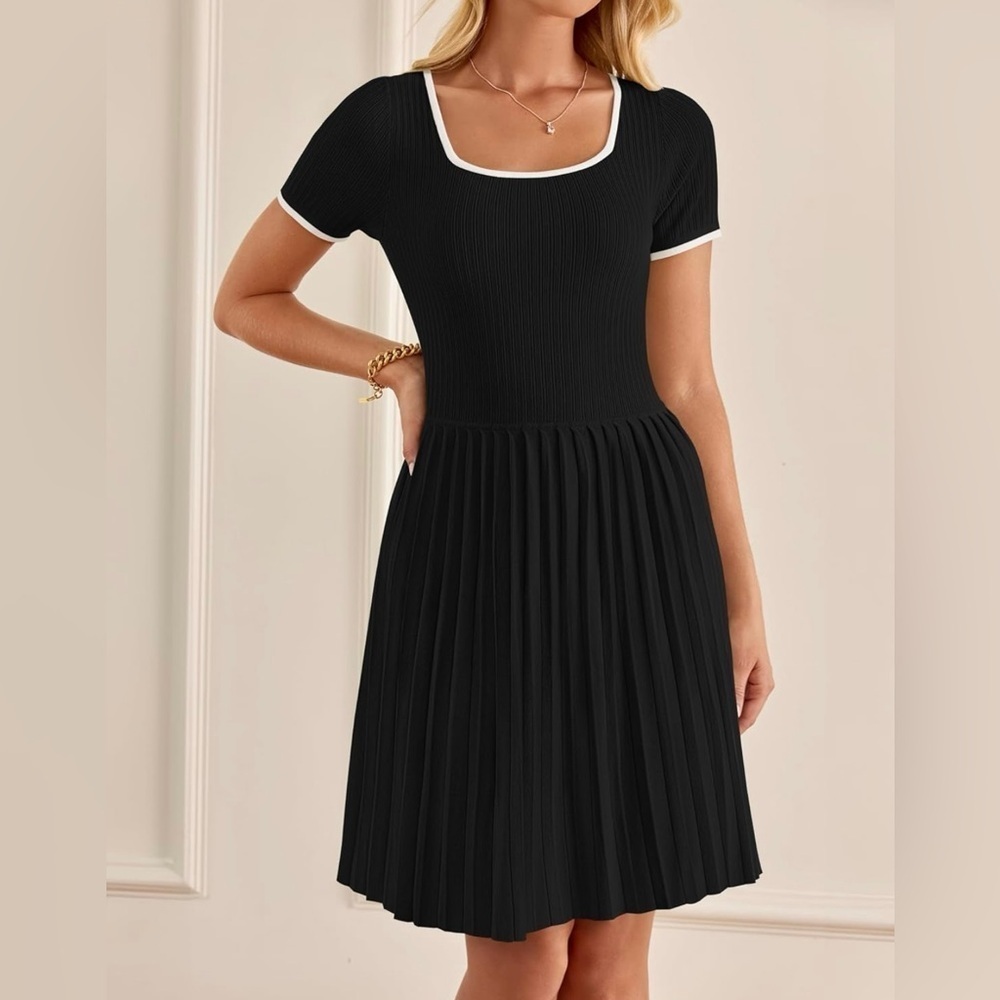 Square Cut Ribbed Little Black Dress NEW Small